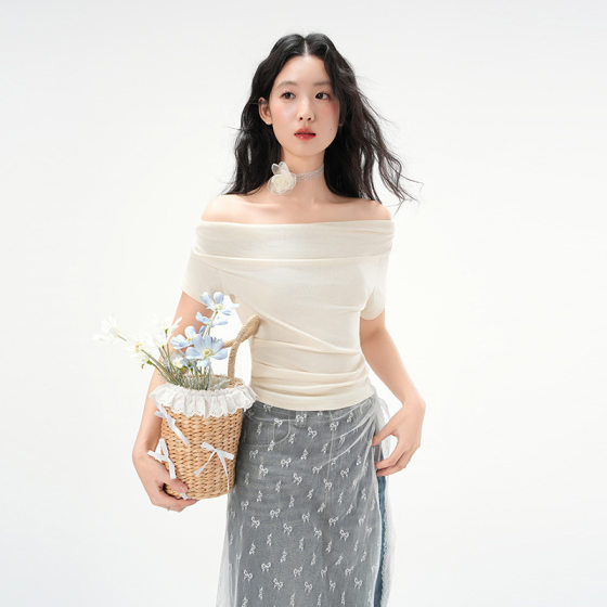Jiyou Korean style off-shoulder collar wrinkled waist short sleeve T-shirt women's summer beautiful temperament thin sweet hot top