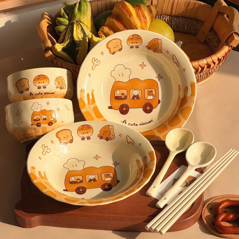 Cute Toast-Themed Ceramic Bowl for Home Use, 2026 New Model, Single-Serving Tableware Set, Plates, Rice Bowls