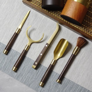 High-End Tea Ceremony Six Gentlemen Tea Set Accessories Supplies Set Complete Tea Making Tools Copper Wood Pot Pen Knife Tea Spoon