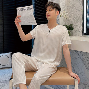 Wholesale spring and summer new ice silk pajamas men's short sleeve trousers thin silk home clothes suit a generation of hair