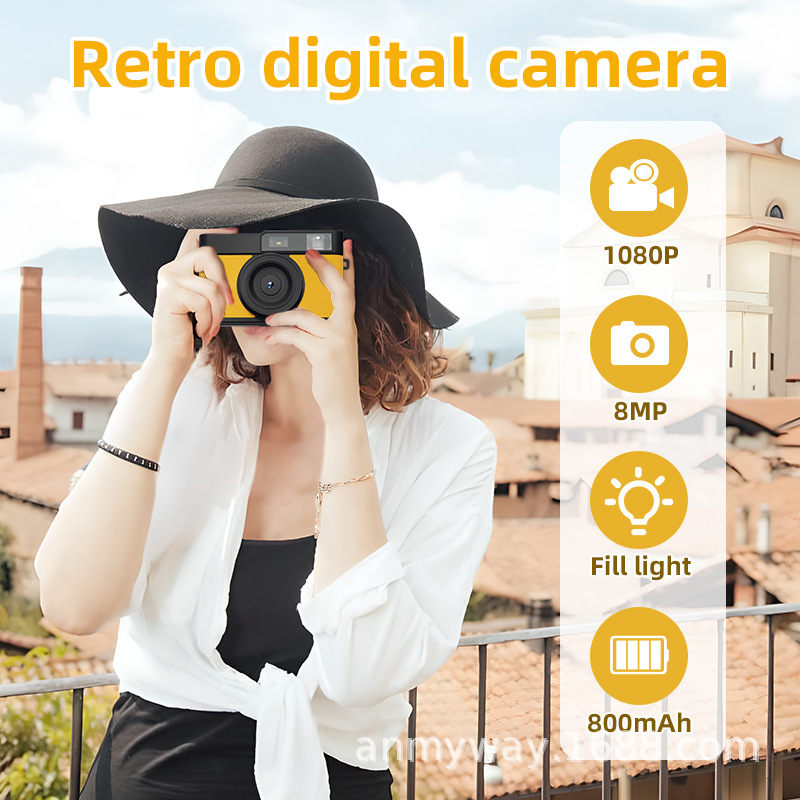 Cross-Border Popular Retro Ccd Camera with High-Definition Filters for Photo and Video, Built-In Fill Light, Portable Mirrorless Camera for Students