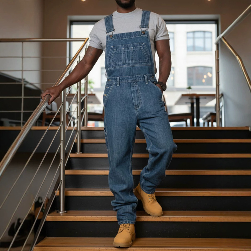 European and American Cross-Border Men's Denim Overalls Trendy High Street American Casual Loose Straight-Leg Jumpsuit Tiktok