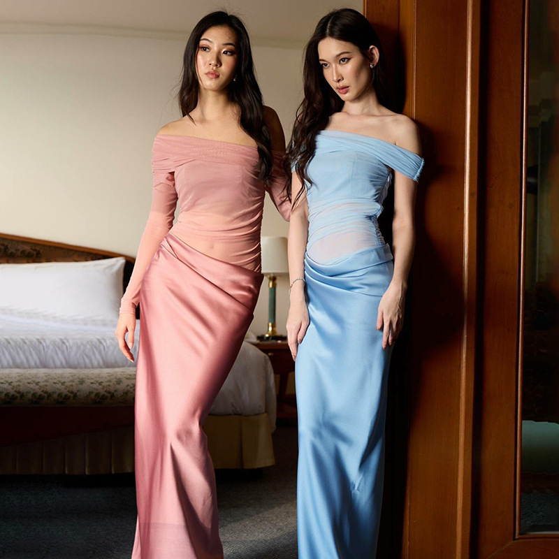 Women's Sexy Off-Shoulder Long Dress New Arrival Summer Semi-Sheer Mesh Panels_ecoleips.com