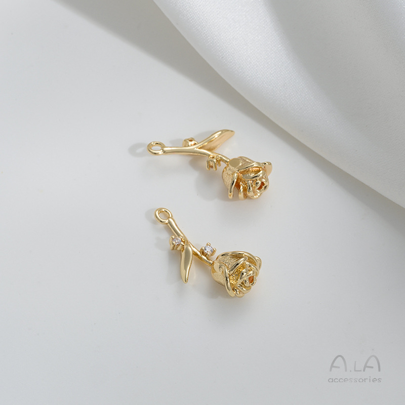 14K 가방 골드 컬러 보존 로즈 활 펜던트 꽃 싱글 매달려 더블 교수형 DIY 손으로 만든 소재 액세서리