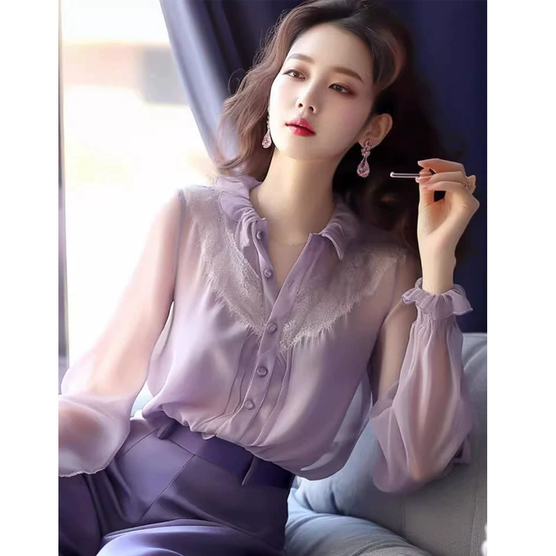Новый китайский стиль с длинными рукавами женский рукав 2025 весна и осень лето новая иностранная мода рубашка кружевное сшивание топ