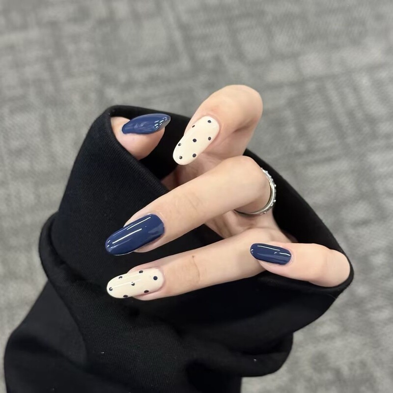 Blue Holiday~Navy Blue and White French Polka Dot Manicure, Elegant and Simple Ins-Style Nail Stickers for Spring
