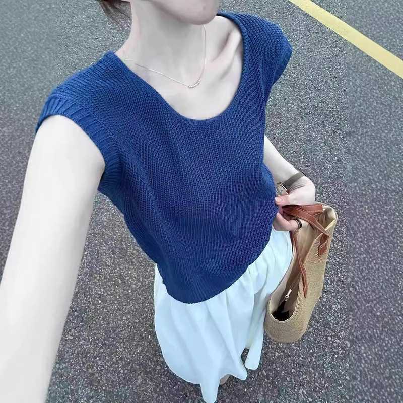 Blue Sleeveless Vest T-Shirt for Women Summer 2025 New K-Style Versatile U-Neck Loose Elegant Soft Waxy Knitwear Top