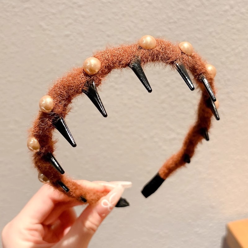 Alto cráneo de lana ondulado banda de cabello para mujeres lavado de cara maquillaje especial banda de cabello con dientes antideslizante acabado de cabello agrupado tocado