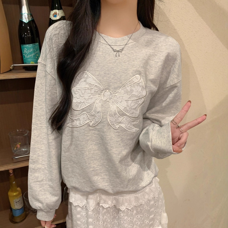 圆领无帽蝴蝶结刺绣卫衣女春秋季韩系薄款灰色宽松慵懒风长袖上衣|undefined