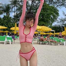 新款纯欲辣妹条纹吊带修身日系绑带显瘦百搭三件套分体泳衣bikini
