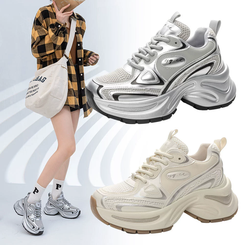 Обувь в стиле Bailu, сияющая галактика, dad shoes 2025 весна спортивная обувь, новые женские обувь с толстой подошвой, увеличенная высота, серебристые туфли