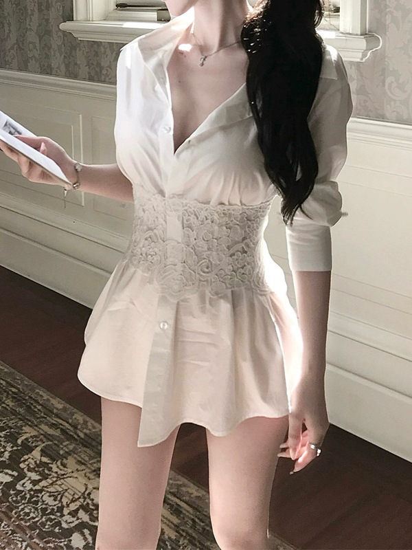 槿一【吸引力法则】复古气质蕾丝系带束腰长袖廓形衬衫上衣女2025|undefined