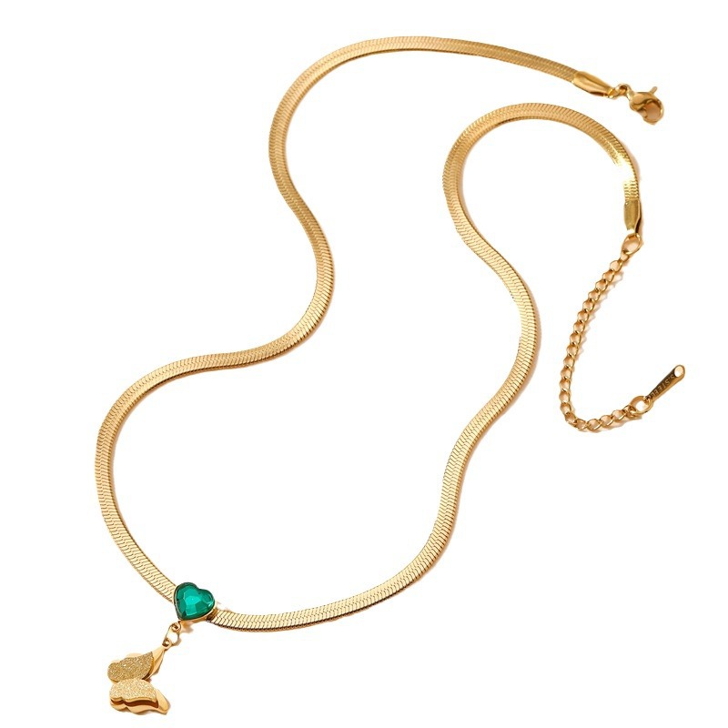 Europa y los Estados Unidos transfronterizos collar de acero de titanio mujer temperamento retro amor esmeralda doble capa colgante mariposa fábrica de joyería de acero inoxidable image 5