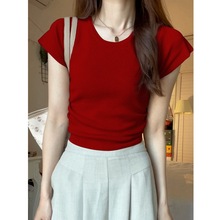 小香风红色针织短袖t恤女2024夏季新款设计感洋气内搭打底衫上衣
