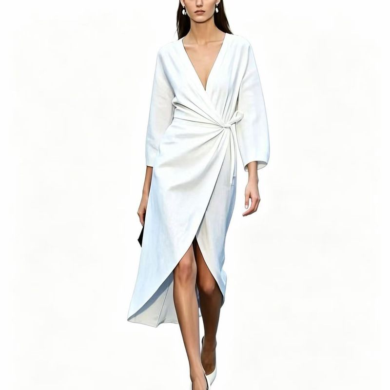 Cross-Border Women's Fashion V-Neck Wrap Dress with Tie Waist, Mid-Length, Slit, Three-Quarter Sleeves, Multi-Color, Elegant Basic Style