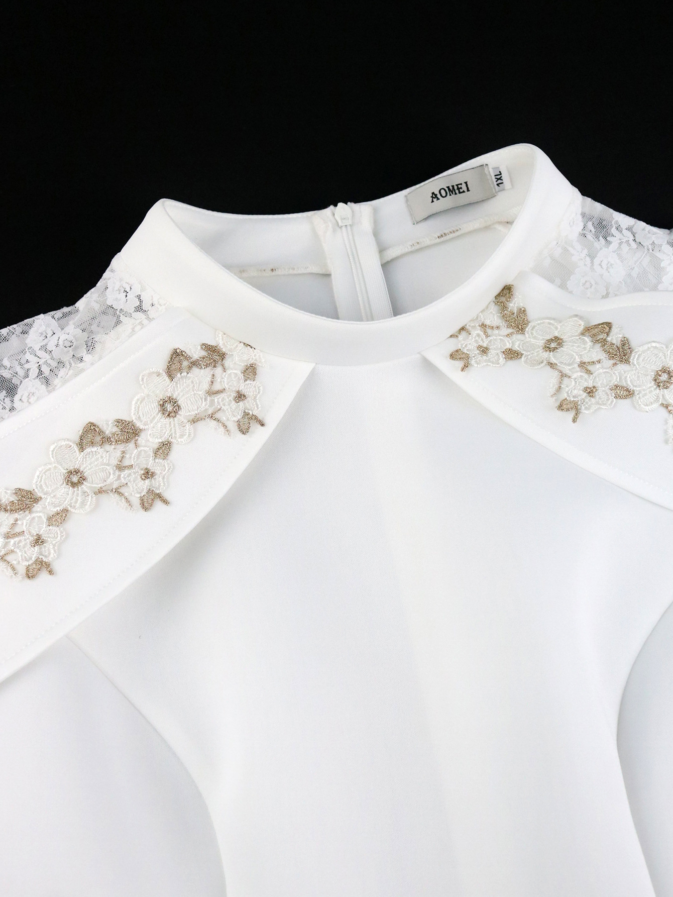 Abito in pizzo floreale da donna, temperamento elegante, piccolo colletto alto, gonna lunga fino alla vita, vestito_voghion.com