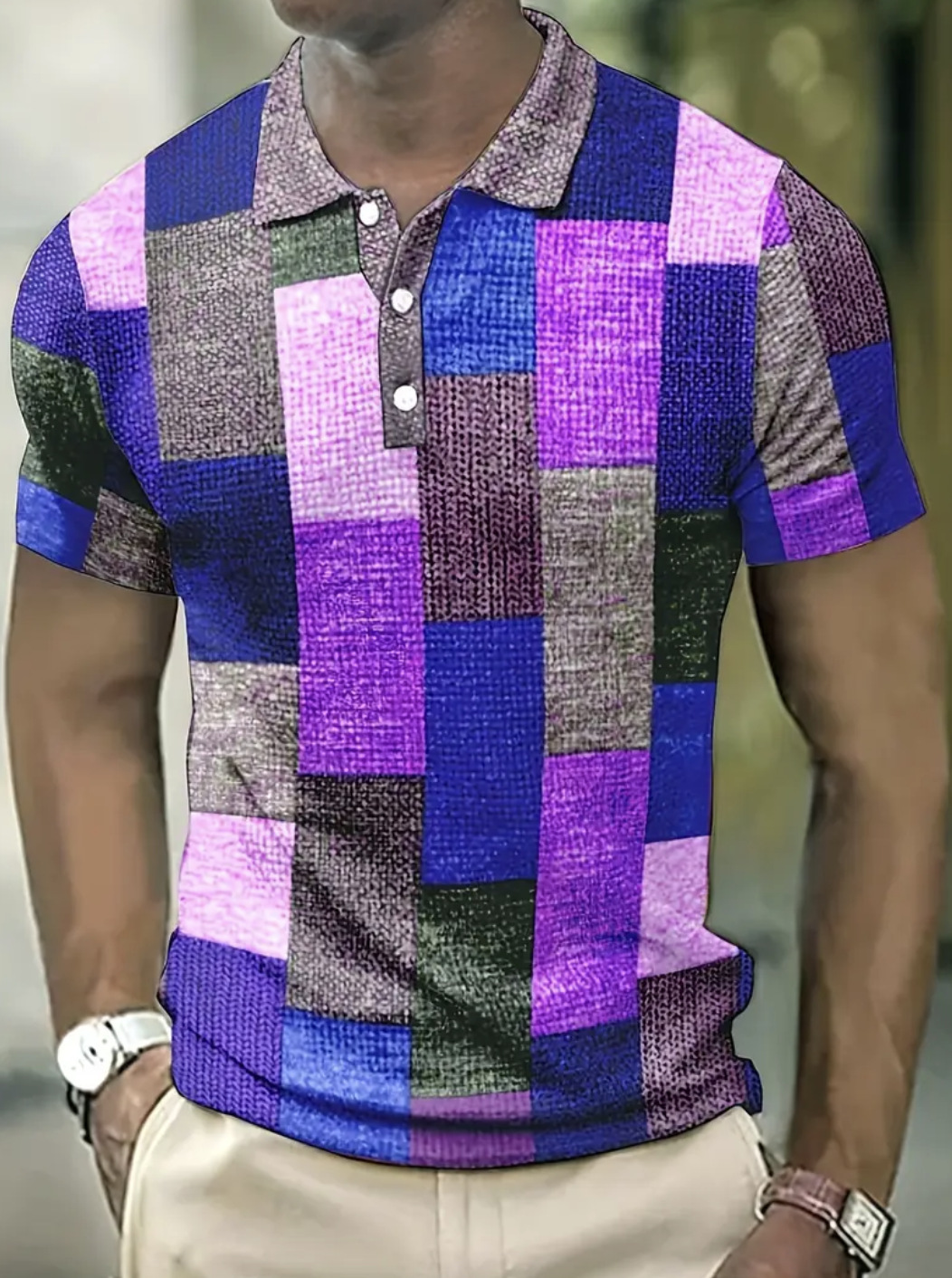 Botón de los hombres camisa polo a cuadros patrón solapa moda 3D Impresión digital moda urbana suelta casual