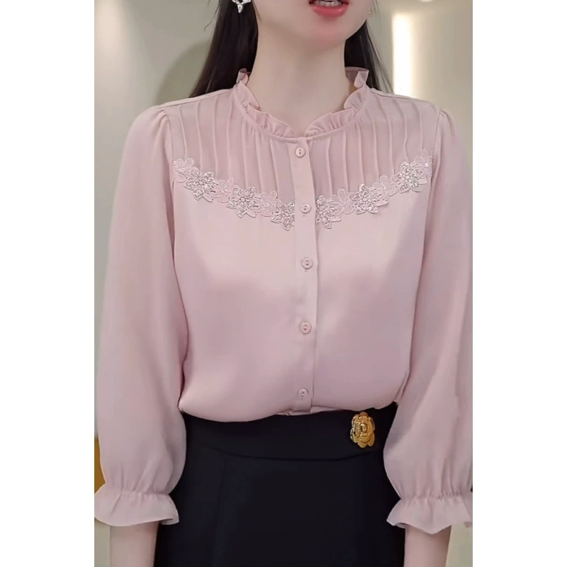 Весенняя новая тяжелая кружевная блузка с пайетками, утягивающая модная универсальная рубашка для женщин, атласная рубашка с рукавом три четверти