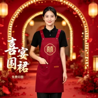 喜庆红色结婚专用围裙家有喜事婚庆宴席套袖喜字批发帽子两件套