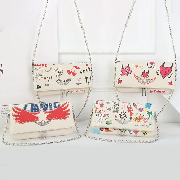 2026 New Zv Bag for Women, Flip-Top Style, Trendy Hot-Selling Shoulder Crossbody Wing Letter Graffiti Design, Light Luxury High-End