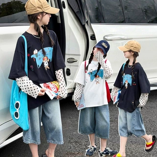 夏季女童长袖T恤新款中大童装儿童女孩防晒衣拼接短袖T百搭洋气潮