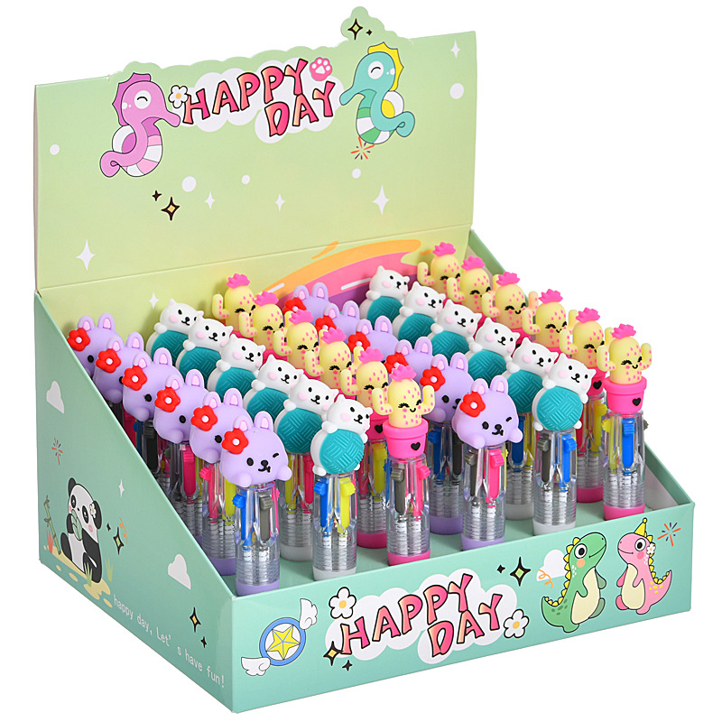 Caricatura lindo gato conejo mini bolígrafo de cuatro colores multicolor en uno bolígrafo de cuentas multicolor para estudiantes premios papelería al por mayor