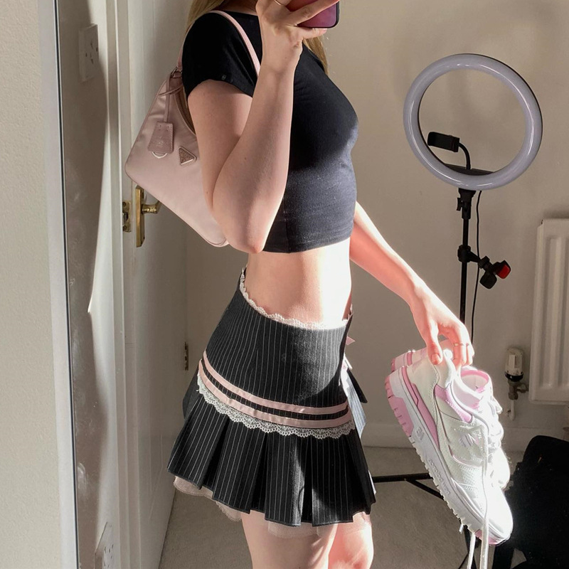 Y2K Academic Style Stripe Print Pleated Skirt Aesthetic Lace Patchwork High-waist Skirt 2023 Streetwear Cute Sweet Skirt O1CN01haxTHX1YcgmGMK2GH !!2211187693080 0 Cib