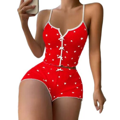 2024 Amazon AliExpress New Product Heart Print Contrast Home Suit V-Neck Split Strap Pajama Set