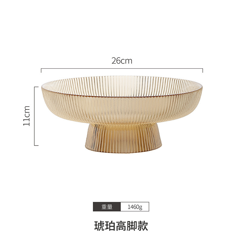 Platos de frutas de vidrio de pies altos, platos de frutas secas a rayas de alta calidad, mesa de té doméstica, bocadillos de pies bajos, platos de frutas de alta calidad