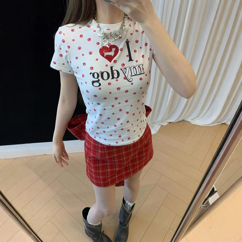 Original Fabric Summer American Retro Heart Dog Paw Printed Short T-Shirt for Sexys Slimming Look Top