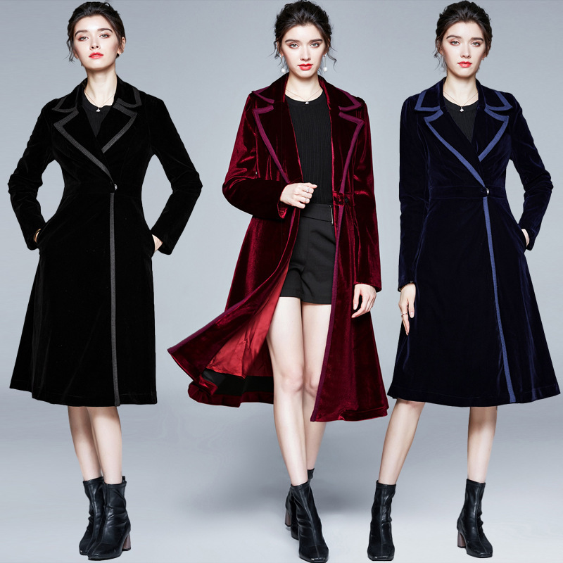 Velvet Trench Coat for Women, Mid-Length, 2025 Autumn and Winter New Style, Trendy Women's Clothing, Elegant Waist-Cinching Jacket, European Fashion