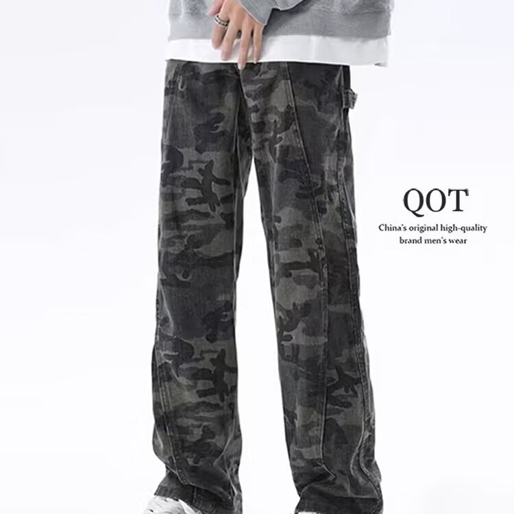 Monos de hip-hop de la calle americana, jeans de camuflaje retro de la marca de moda de la calle alta, pantalones rectos sueltos