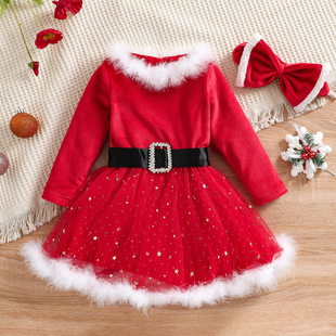 2023 cross-border European and American Christmas dress girls fur long sleeve star mesh dress Princess dress spot
