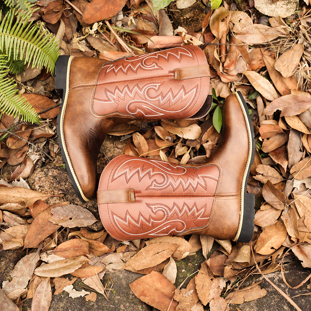 Cizme de cowboy western înalte, brodate, vintage, cu cap lat, pentru bărbați_voghion.com