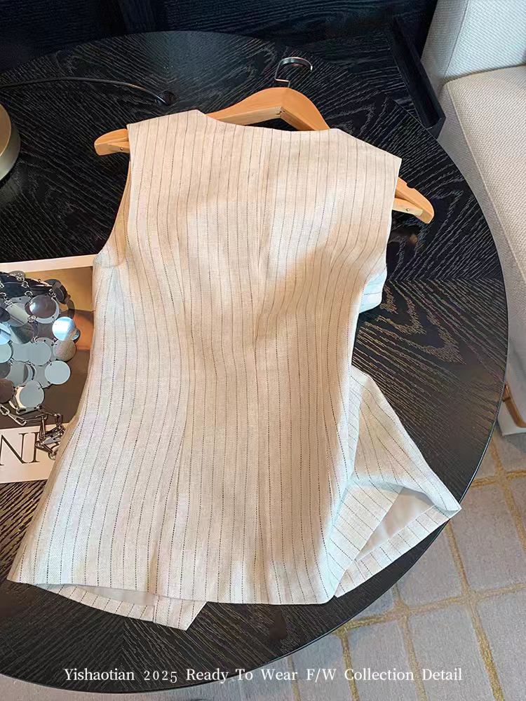 Old Money Style Vertical Stripesd Linen Vest for Women 2025 Summer Style Vest Chic Sleeveless Slit Top