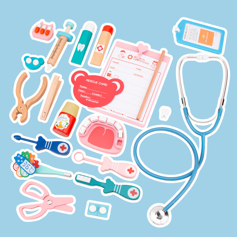 Niños de madera educación temprana niño niña mochila escolar médico estetoscopio cacase botiquín regalo juguete juego