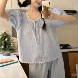 韩国ins女士夏季新款睡衣女韩系纯色简约花边套装休闲舒适家居服