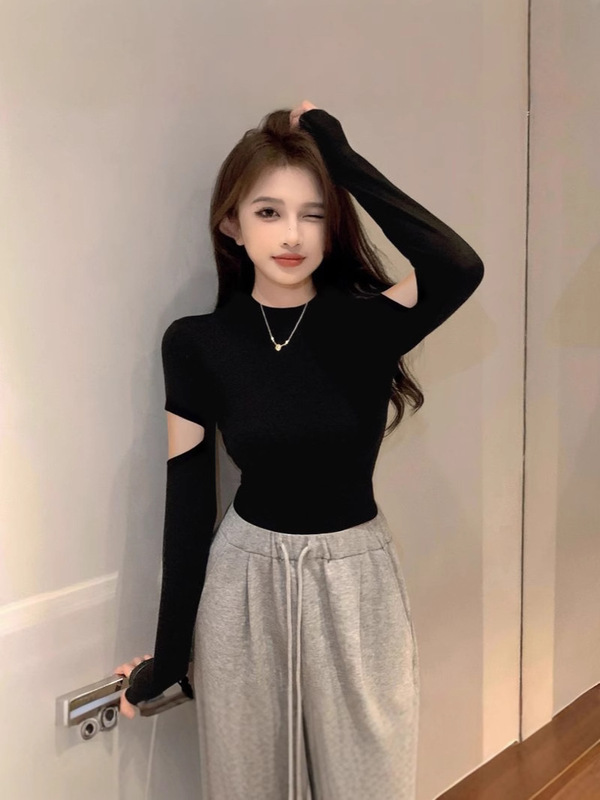 螺纹黑色半高领打底衫女春秋内搭设计感长袖t恤针织紧身短款上衣|undefined