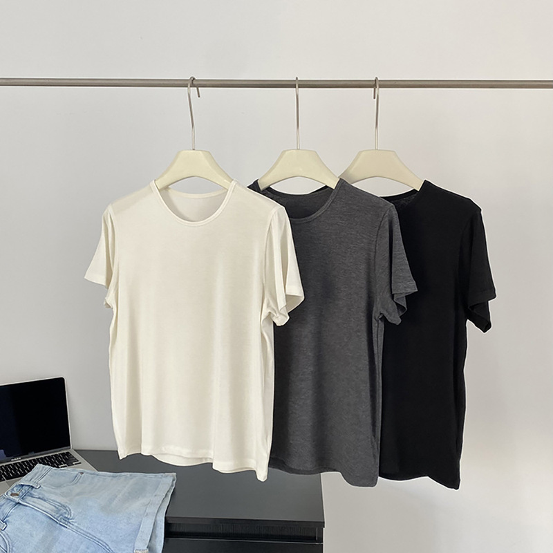 Nude Cashmere Round Neck Short-Sleeved T-Shirt, Minimalist Slimming Look, Gentle Solid Color, Lazy Loose Top for Women, Summer Nude Cashmere Round Neck Short-Sleeved T-Shirt, Minimalist Slimming Look, Gentle Solid Color, Lazy Loose Top for Women, Summer