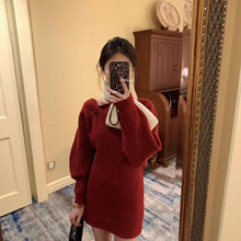 Hers一勺甜秋冬法式精致氛围感百搭显瘦收腰斜肩毛织连衣裙92752