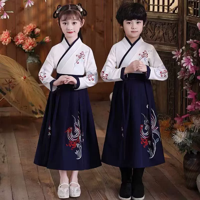Детский костюм Hanfu Boy Guoxue Boy Children трехсимвольное представление костюма для девочек в китайском стиле