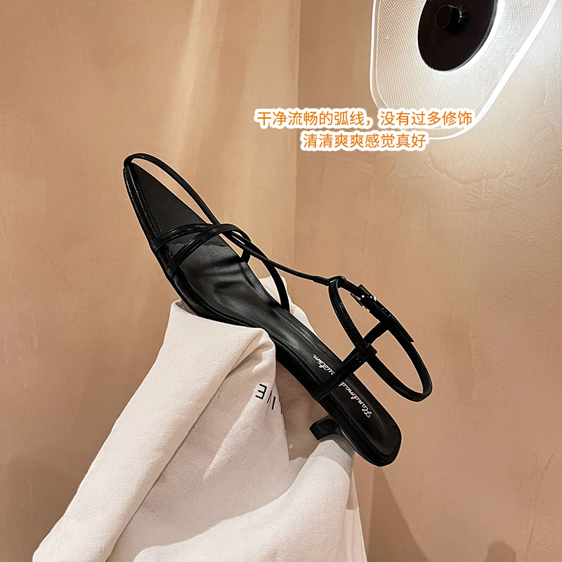 Sandal hở mũi nữ quai mảnh gót mèo con 4 cm phong cách tối giản — Màu đen