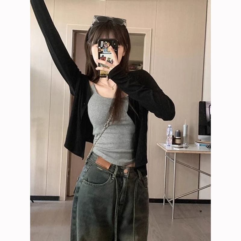 Black Thin Long-Sleeved Knitted Cardigan for Women Summer New Style Small Outer Top Sun Protection Short Jacket Blouse