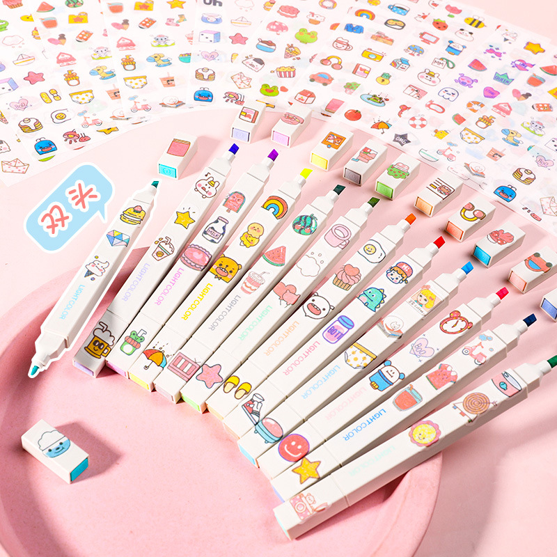 莫兰迪色双头荧光笔 中小学生淡色系划重点记号笔彩色软头标记笔