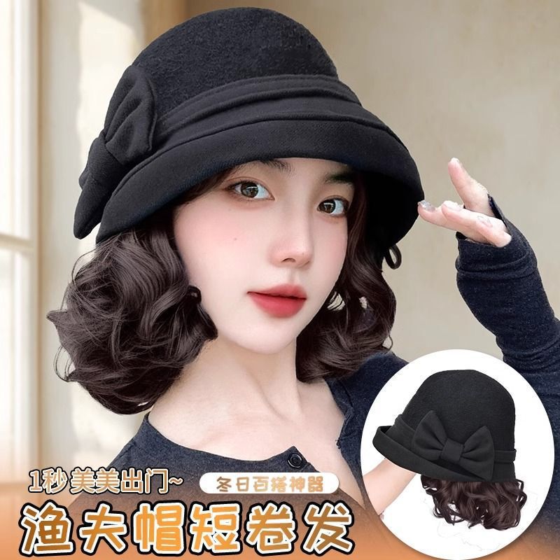 Hat with Wig for Middle-Aged and Elderly Mothers, Autumn and Winter Bow Fisherman Hat, Short Curly Hair, Artificial Hair Full Headgear
