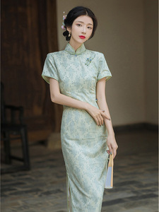 Old Shanghai green floral Chinese Dress retro cheongsam dress for women girls  republic of China modified elegant temperament show thin cheongsam accept waist long dress in female
