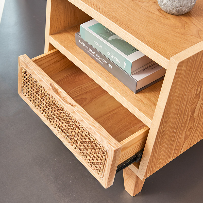 Simple Modern Light Luxury Bedside Table Free Installation Nordic Style ins Solid Wood Log Mini Rattan Storage Cabinet for Bedroom