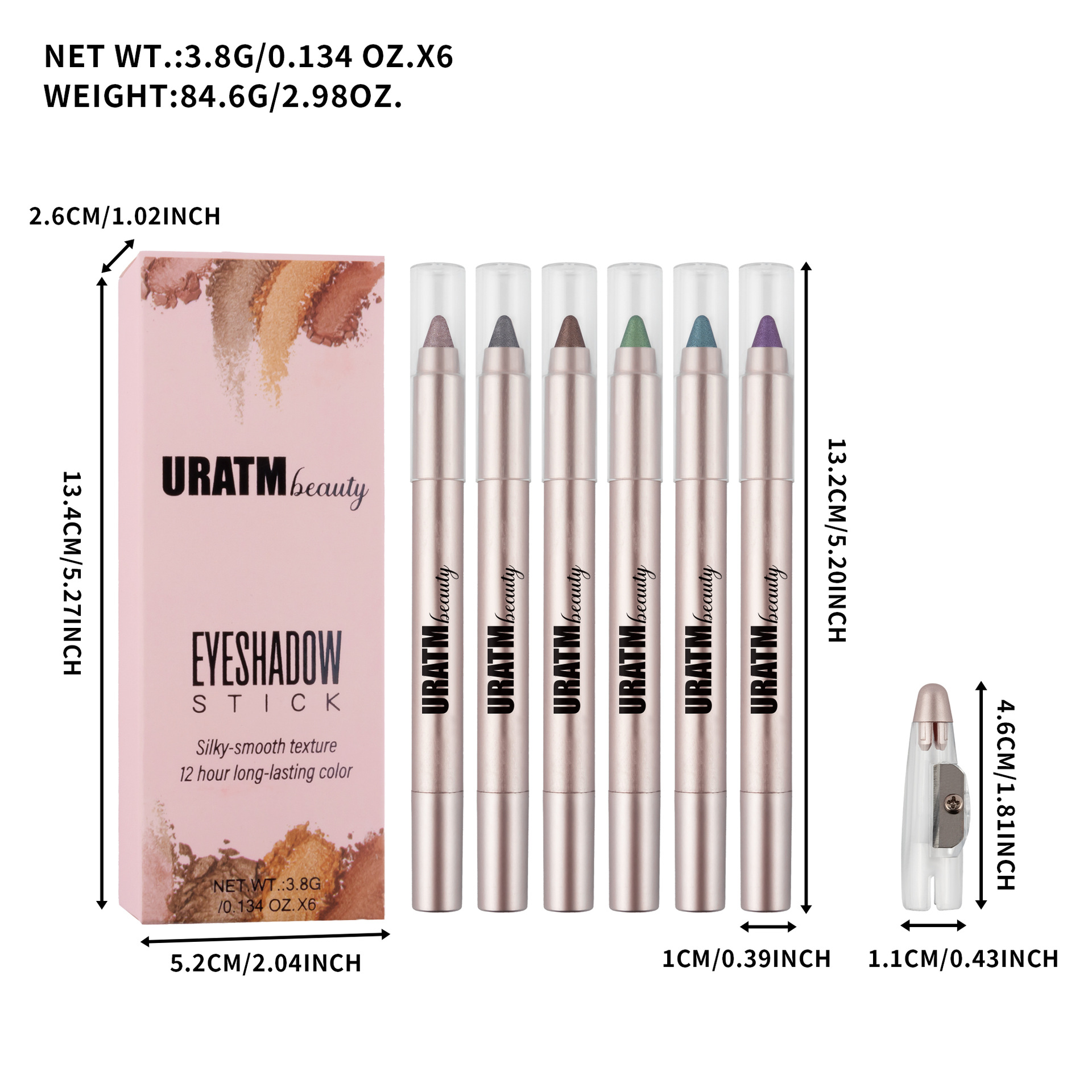 Cross-border exclusive 6-color pearlescent eyeshadow pen set, non-smudging with pencil sharpener, eyeliner pen, eye pencil, foaming pen Specification drawing