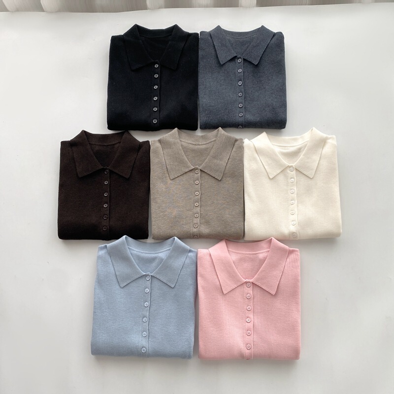 26 Autumn New Korean Style POLO Collar Commuting Versatile Small Button Ribbed Long Sleeve Slim Fit Knit Sweater 968012 26 Autumn New Korean Style POLO Collar Commuting Versatile Small Button Ribbed Long Sleeve Slim Fit Knit Sweater 968012