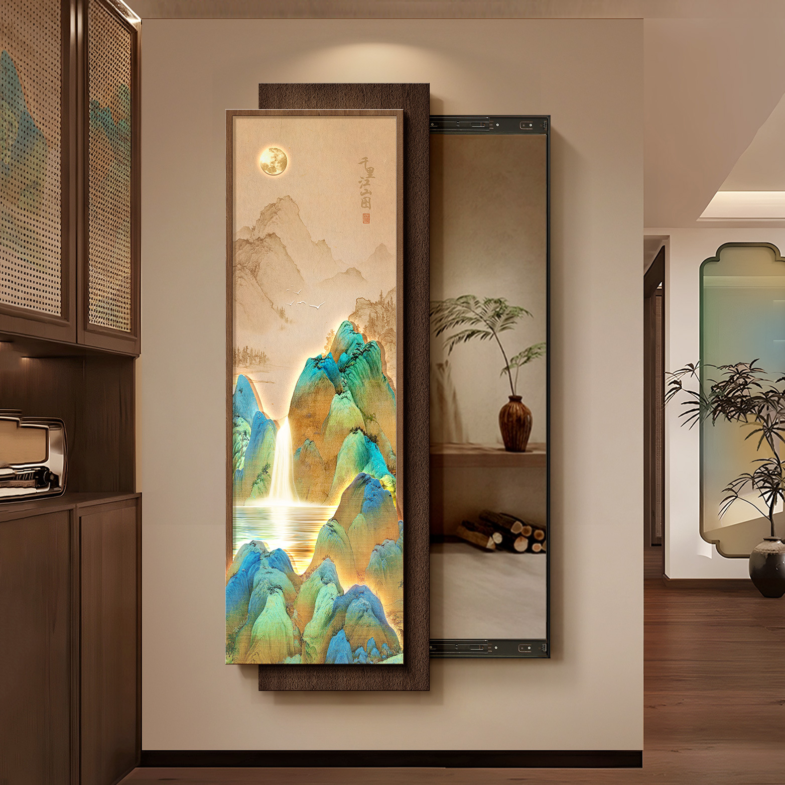 宋代美学可推拉暗藏式全身镜千里江山图新中式玄关穿衣镜子装饰画
